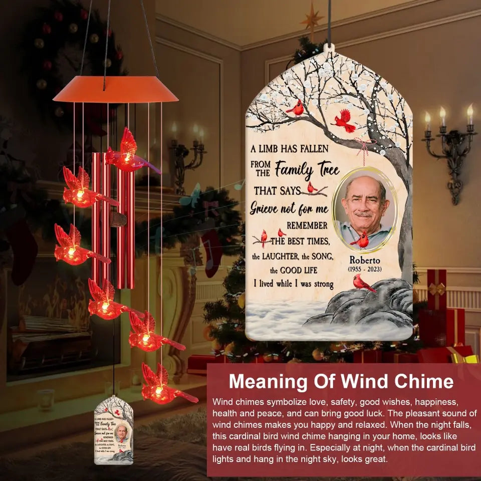 Personalized Cardinal LED Solar Wind Chime - Memorial Gift - A Limb Has Fallen