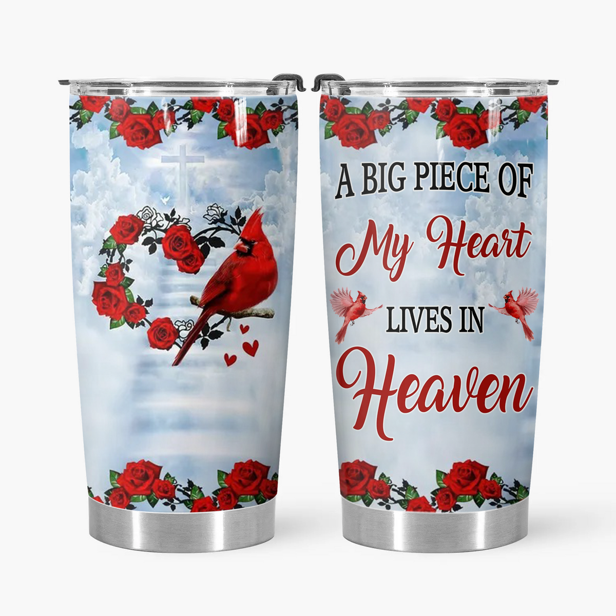 Personalized A Big Piece Of My Heart Lives In Heaven Cardinal Tumbler