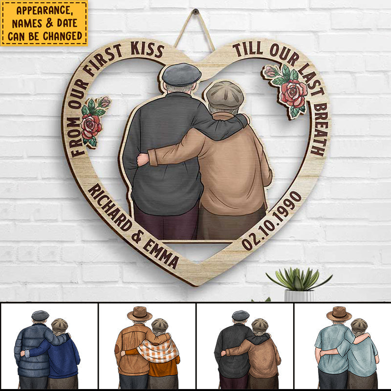 Couple Hugging From Our First Kiss Till Our Last Breath - Gift For Couples, Husband Wife, Personalized Shaped Wood Sign