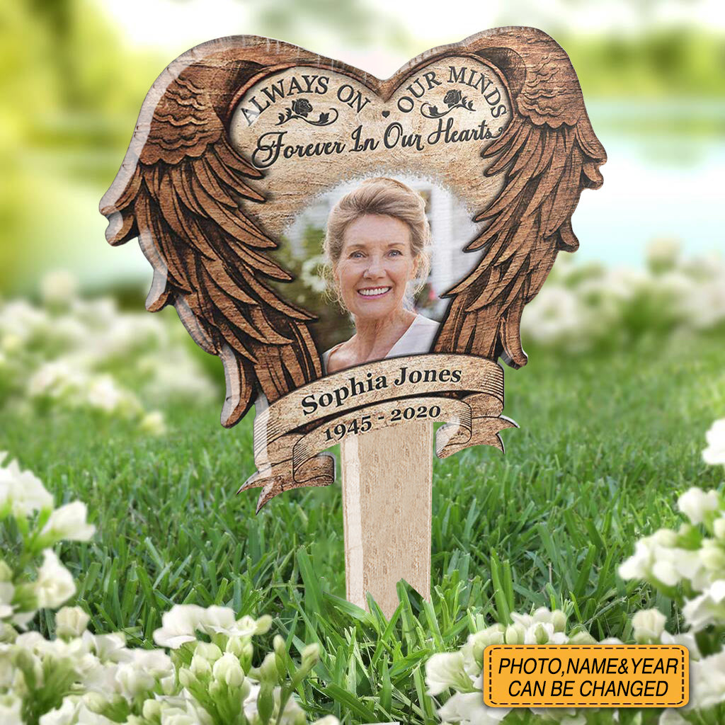 Always On Our Minds, Forever In Our Hearts - Upload Image - Heart Acrylic Plaque Stake