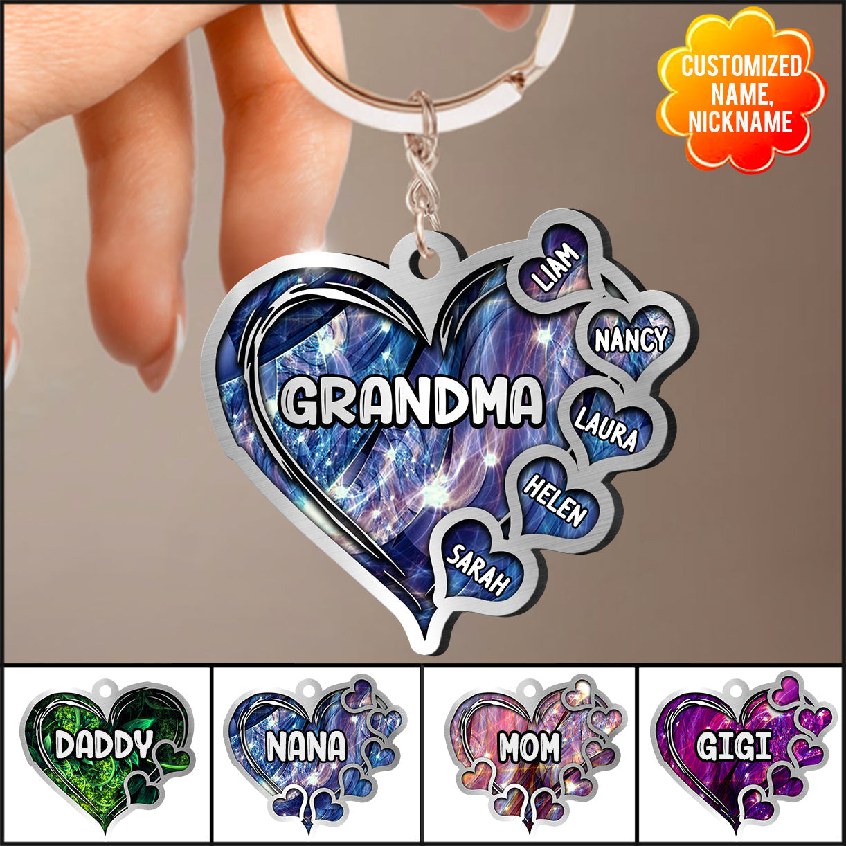 Sparkling Grandma- Mom Heart Kids, Multi Colors Personalized Flat Acrylic Keychain