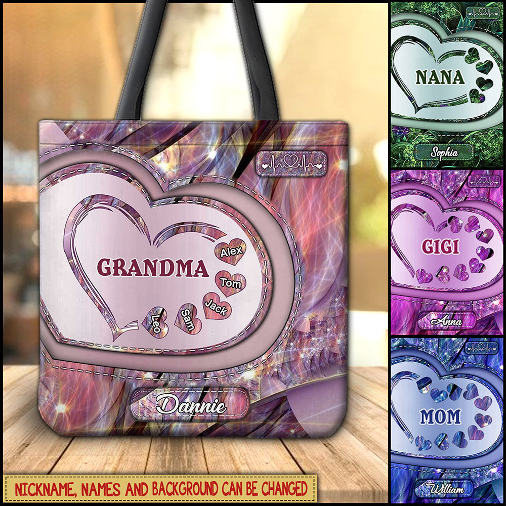 Sparkling Grandma- Mom With Sweet Heart Kids, Multi Colors Personalized Tote Bag