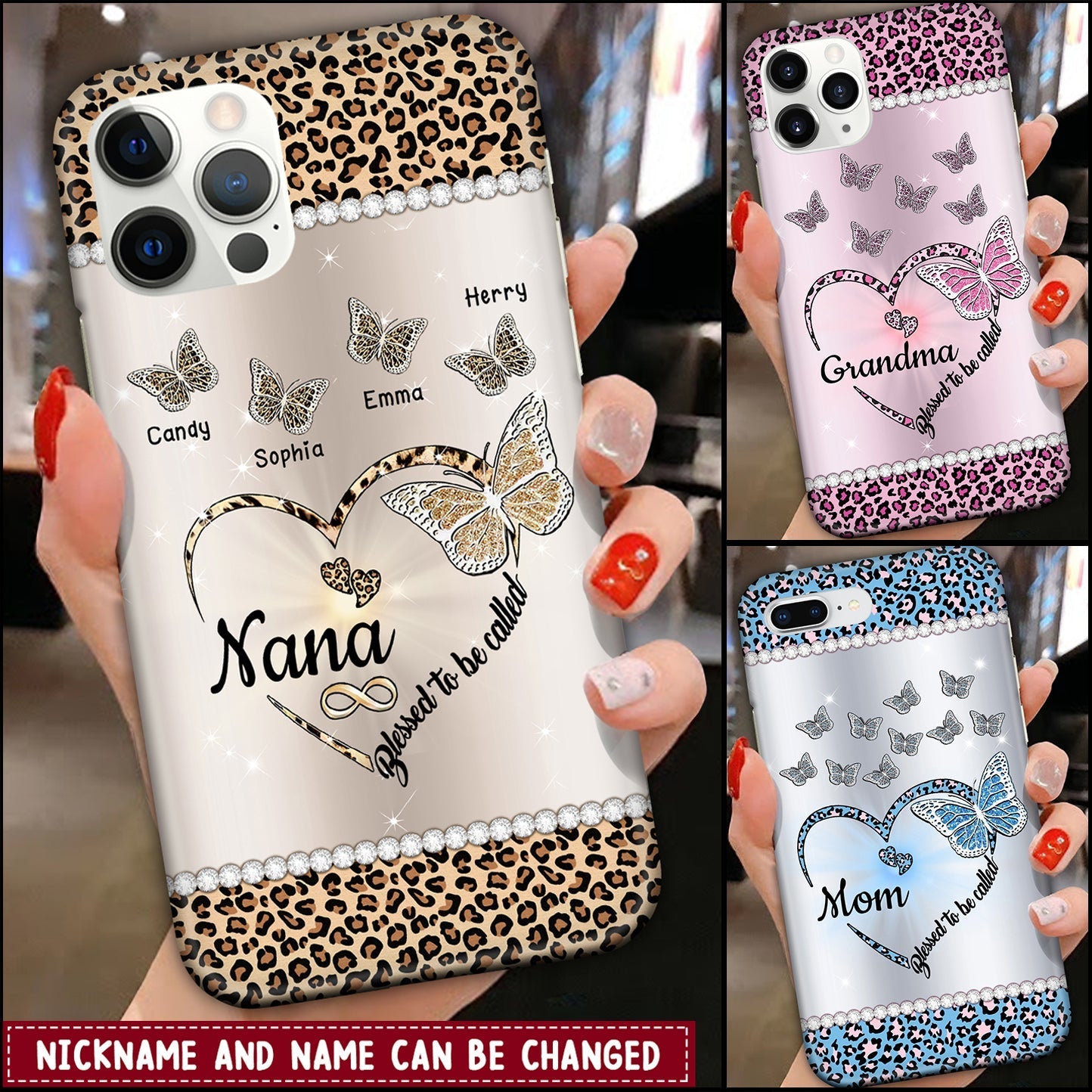 Nana Grandma Mom Personalized Butterfly Leopard Heart Glass Phone case