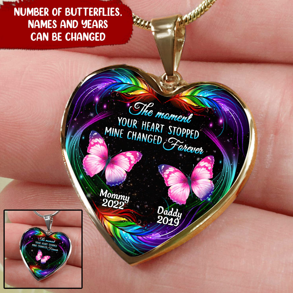 Personalized The Moment Your Heart Stopped Mine Changed Forever Butterfly Feather Memorial Necklace