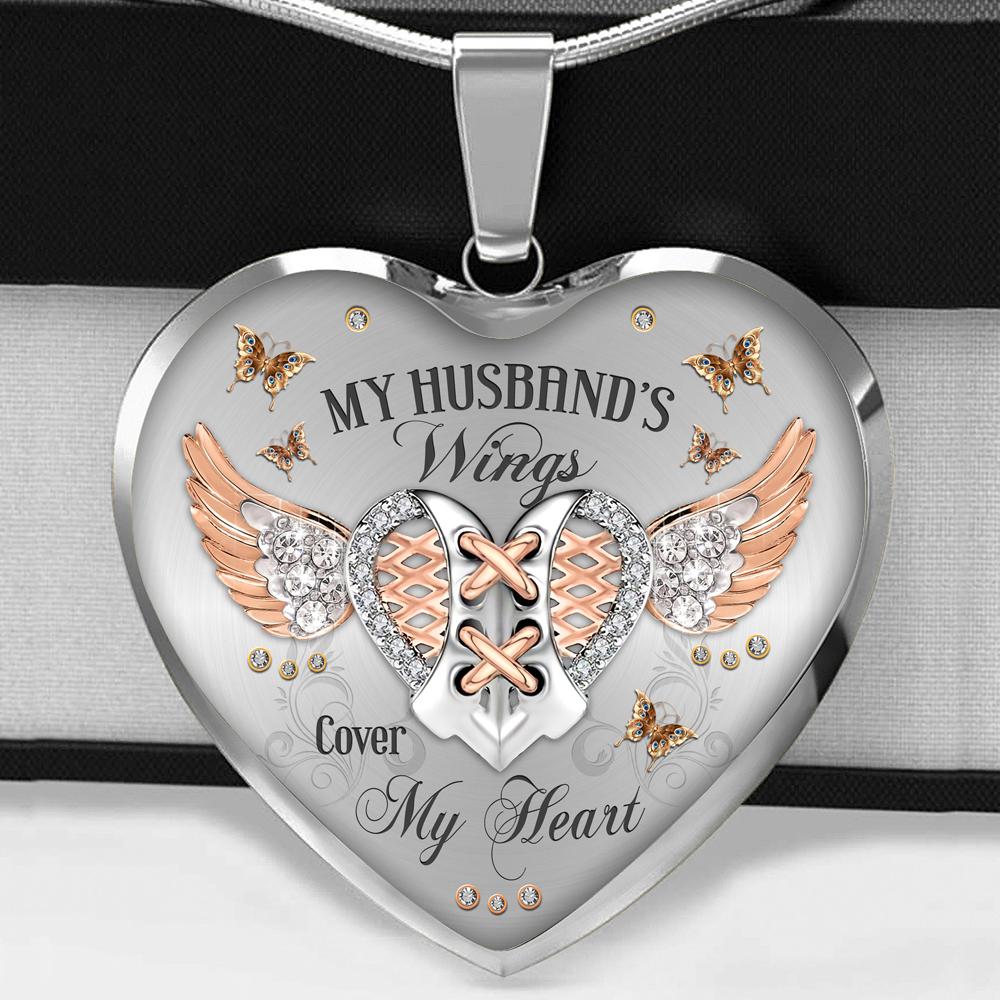 My Husbands Wings Cover My Heart Necklace