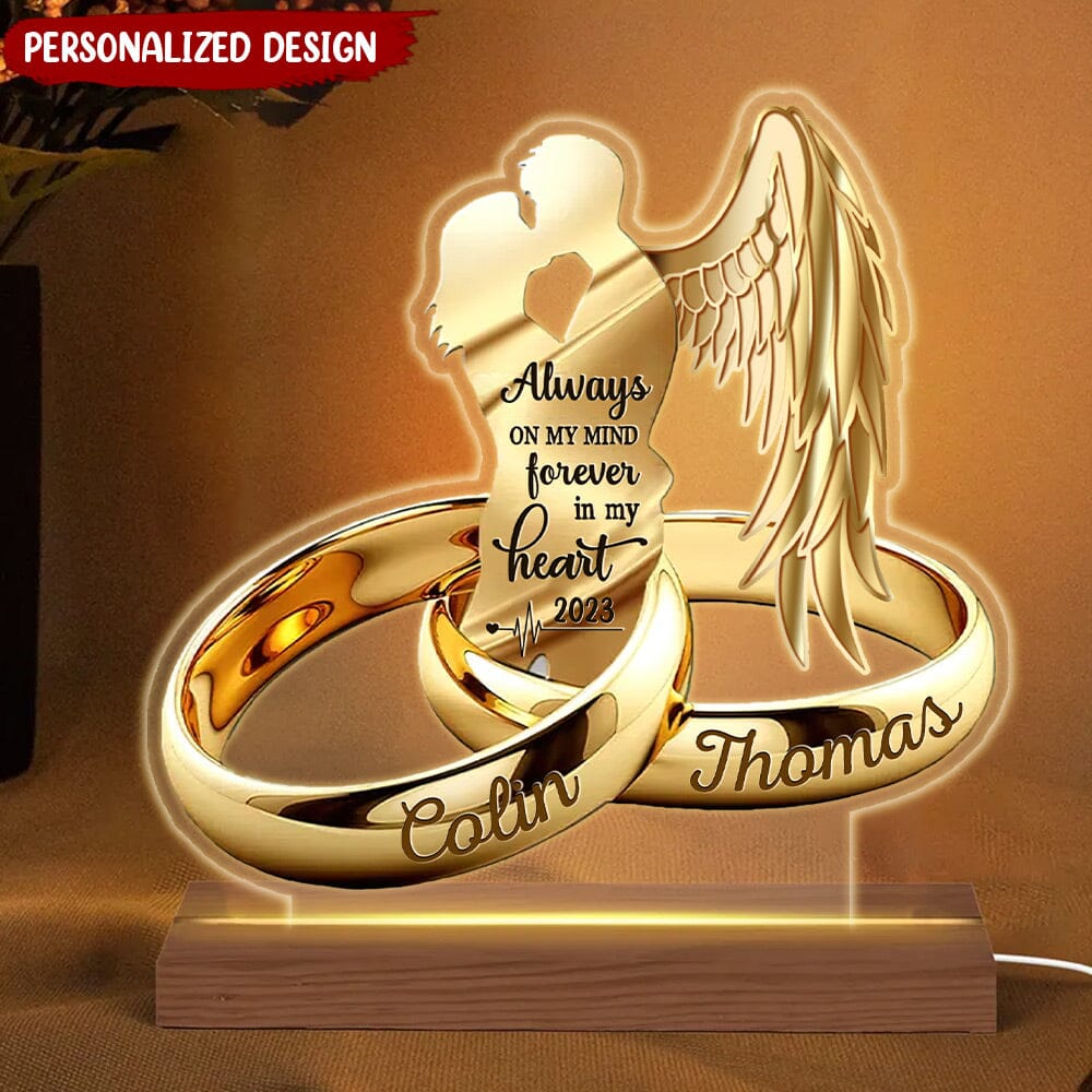 Customized Couple Wing Wedding Rings Widow Widower Memorial Gift LED Night Light