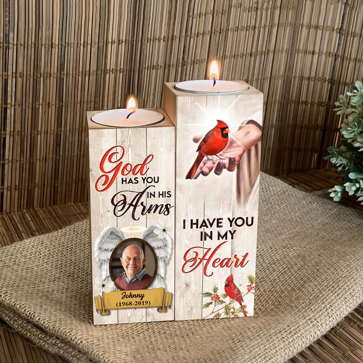 Personalized Cardinal God Has You in His Arms Candle Holder
