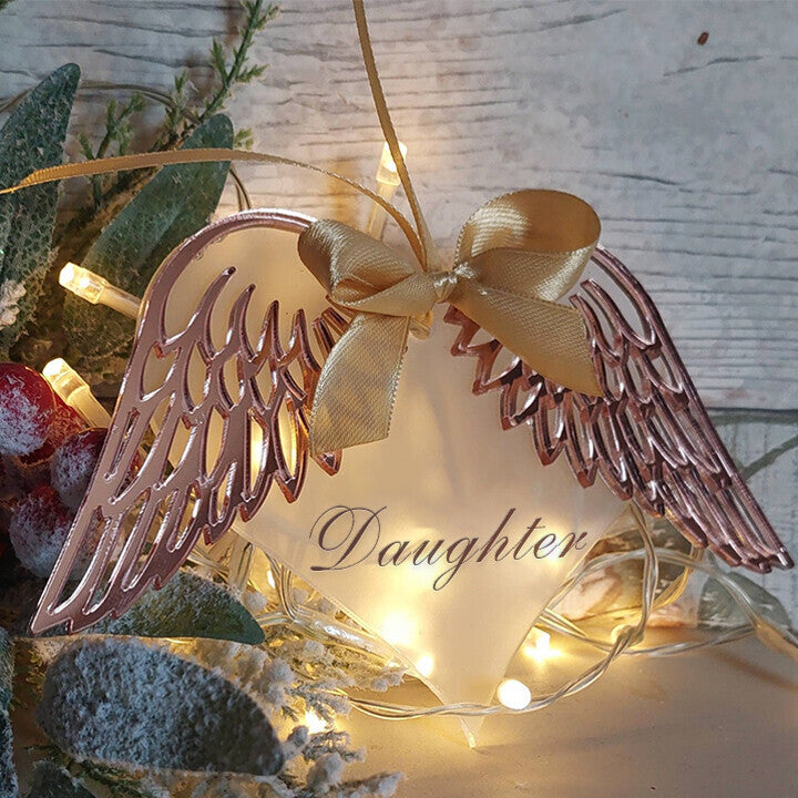 Frosted Angel Wings Heart Bauble Decoration