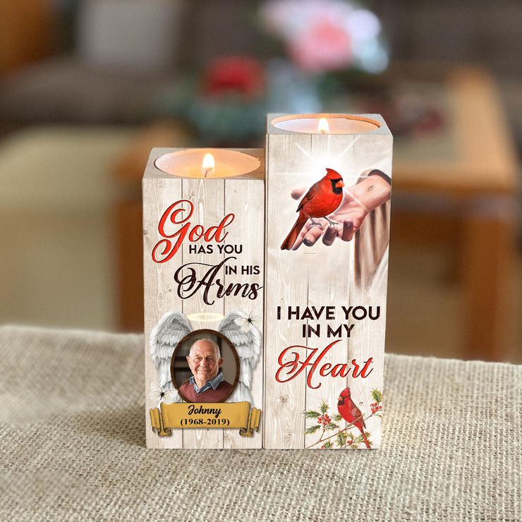 Personalized Cardinal God Has You in His Arms Candle Holder