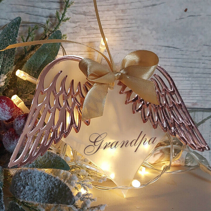 Frosted Angel Wings Heart Bauble Decoration