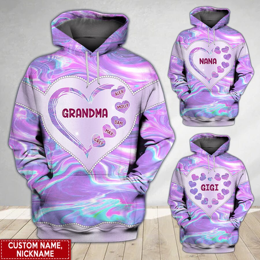 Grandma Violet Heart Grandkids Personalized All Over Print Hoodie