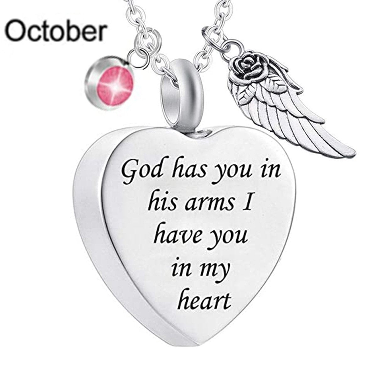Memorial Urn Necklace with Birthstone-"God has You in his arms with Angel Wing"