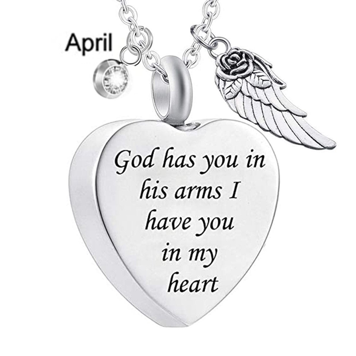Memorial Urn Necklace with Birthstone-"God has You in his arms with Angel Wing"