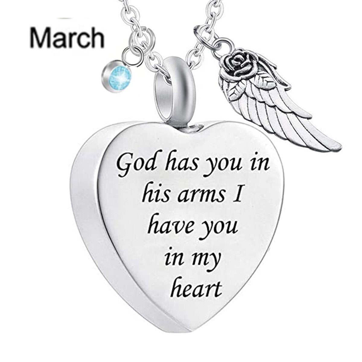 Memorial Urn Necklace with Birthstone-"God has You in his arms with Angel Wing"
