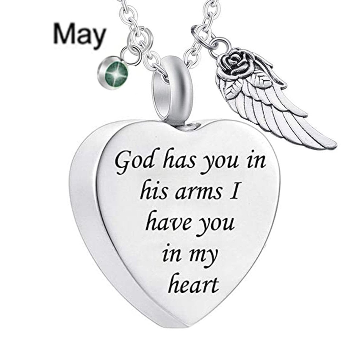 Memorial Urn Necklace with Birthstone-"God has You in his arms with Angel Wing"
