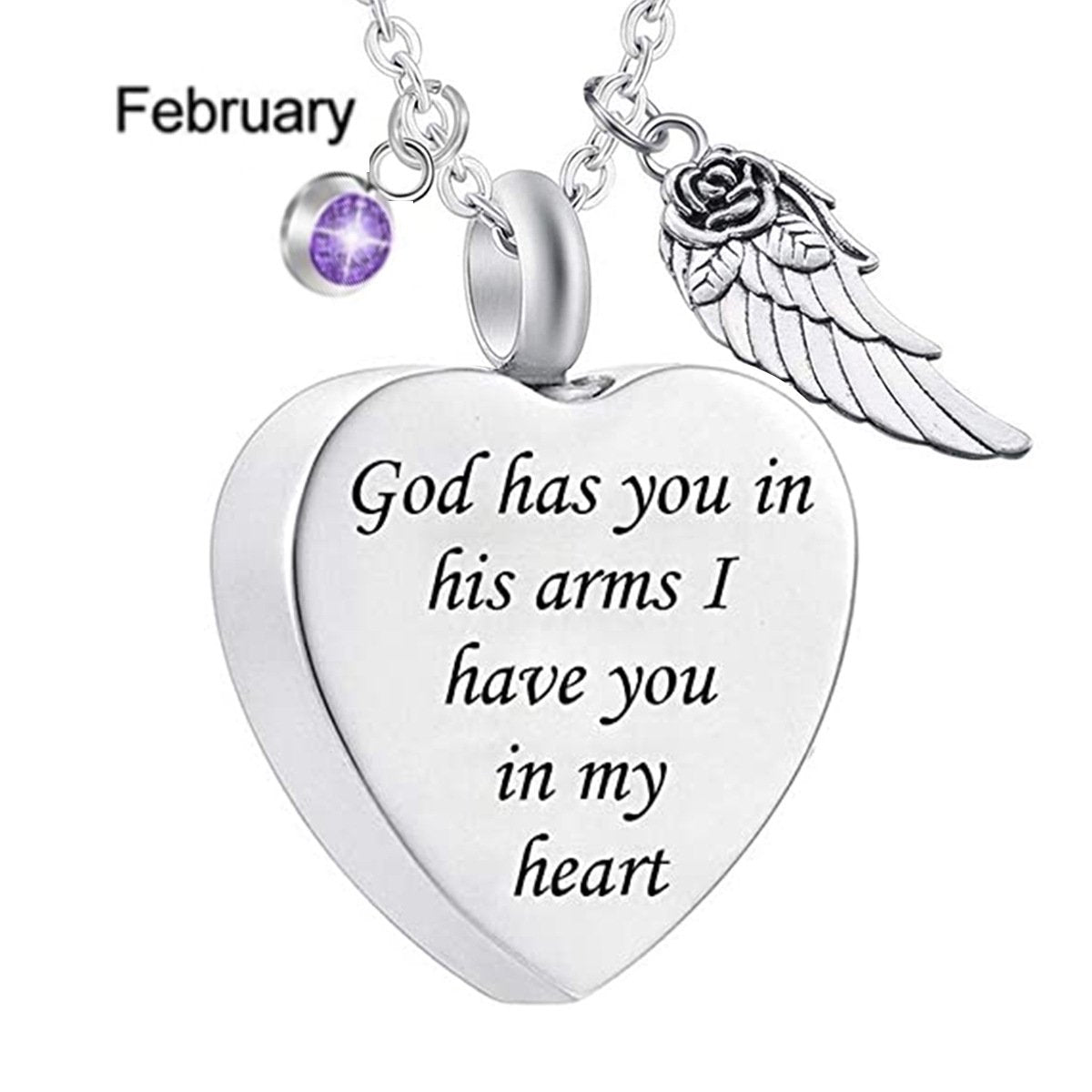 Memorial Urn Necklace with Birthstone-"God has You in his arms with Angel Wing"
