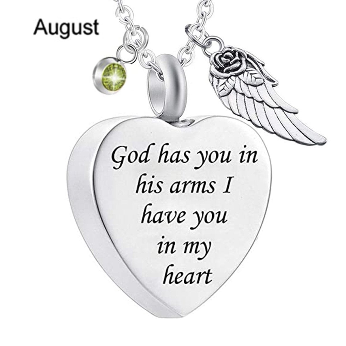 Memorial Urn Necklace with Birthstone-"God has You in his arms with Angel Wing"