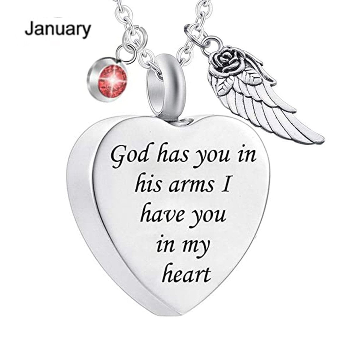Memorial Urn Necklace with Birthstone-"God has You in his arms with Angel Wing"