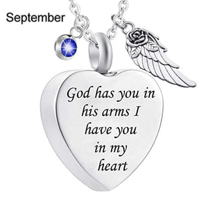Memorial Urn Necklace with Birthstone-"God has You in his arms with Angel Wing"