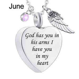 Memorial Urn Necklace with Birthstone-"God has You in his arms with Angel Wing"