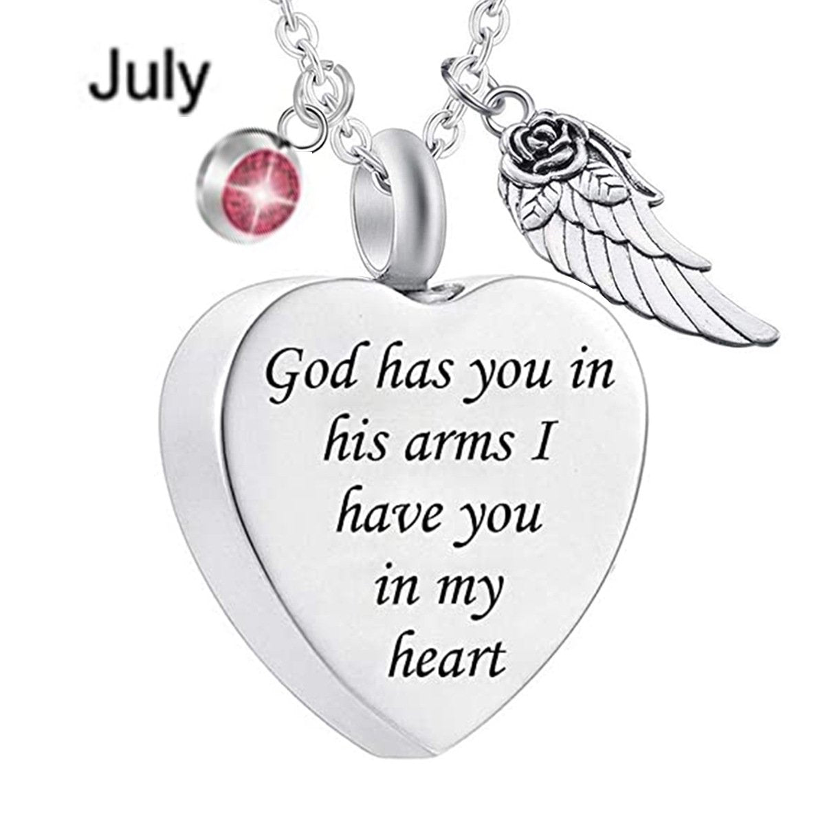 Memorial Urn Necklace with Birthstone-"God has You in his arms with Angel Wing"