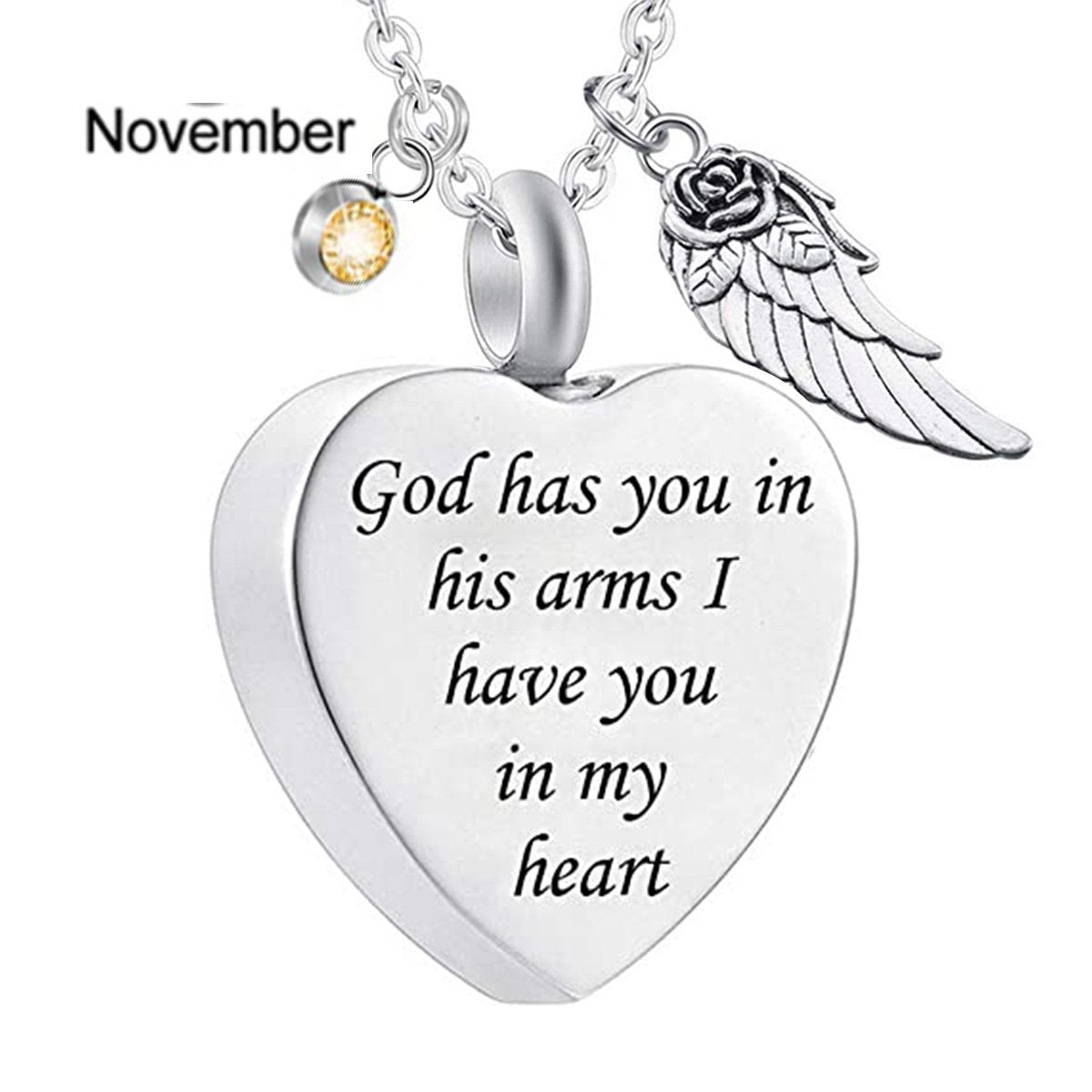 Memorial Urn Necklace with Birthstone-"God has You in his arms with Angel Wing"