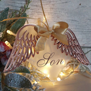 Frosted Angel Wings Heart Bauble Decoration