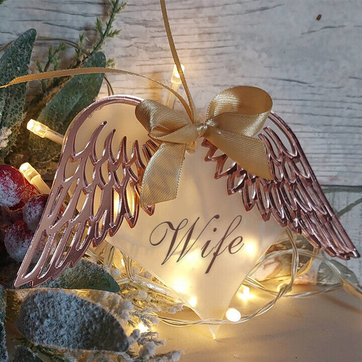 Frosted Angel Wings Heart Bauble Decoration